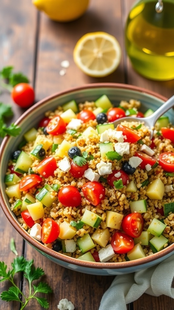 Mediterranean Quinoa Salad Recipe A colorful bowl of Mediterranean quinoa salad with cucumbers, cherry tomatoes, parsley, and feta cheese on a rustic table.